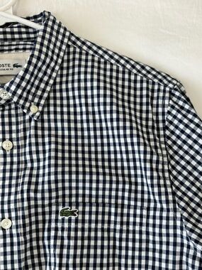 Lacoste Men’s Dark Navy and White Gingham Button-Down Shirt